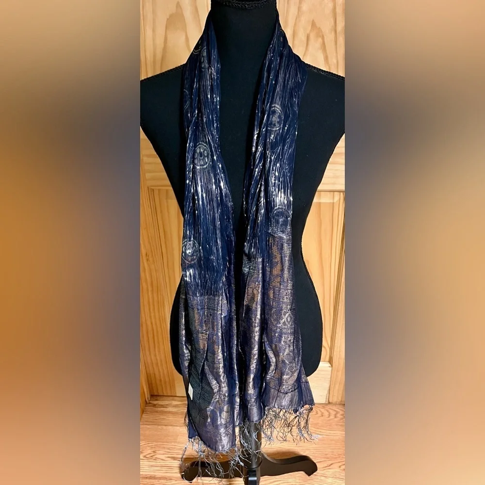 Vintage Navy Blue Silk Metallic Shimmer Scarf Wrap Evening Shawl Fringe Holiday